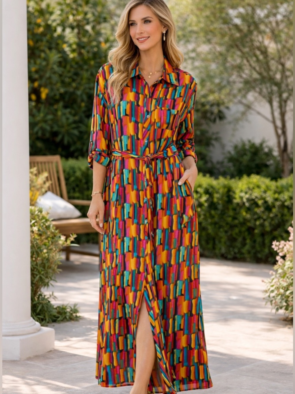 Savanna Jane Multicolor Geometric Maxi Dress — Orange, Pink, Teal, Yellow
